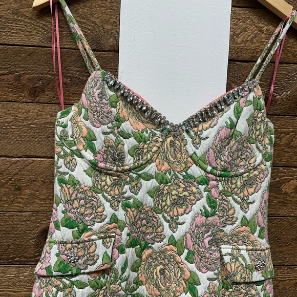 ZARA Floral Jacquard Mini Dress with Rhinestone Trim - Size L - Picture 5 of 12